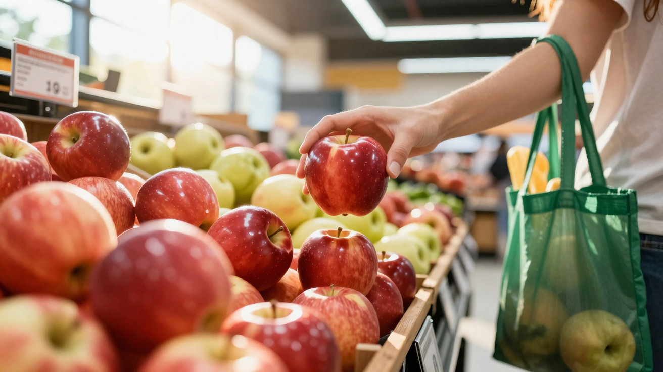 Person selecting a red apple from a fruit display in a supermarket with a green reusable shopping bag.