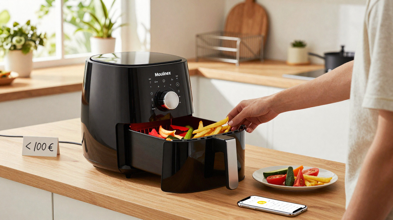 Black Moulinex air fryer on kitchen counter with fries and vegetables in drawer being taken by person.