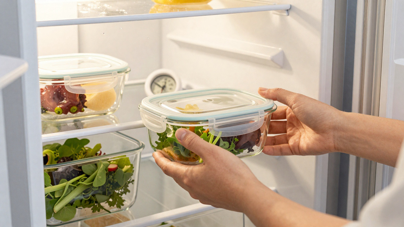 Person placing a glass container with salad into a fridge filled with other food containers.