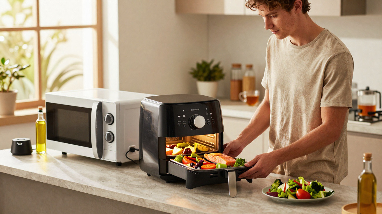 Young man using a countertop air fryer to cook vegetables and salmon in a bright kitchen.