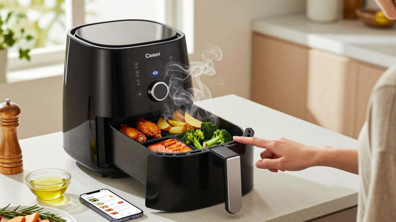 Black Cosori air fryer cooking vegetables, salmon, and potatoes on a kitchen countertop with a hand reaching in.