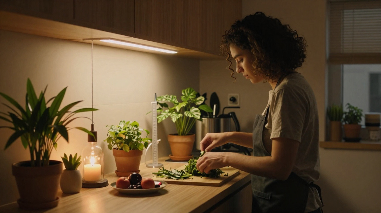 Woman chopping fresh herbs on a wooden cutting board in a softly lit kitchen with potted plants and candles.