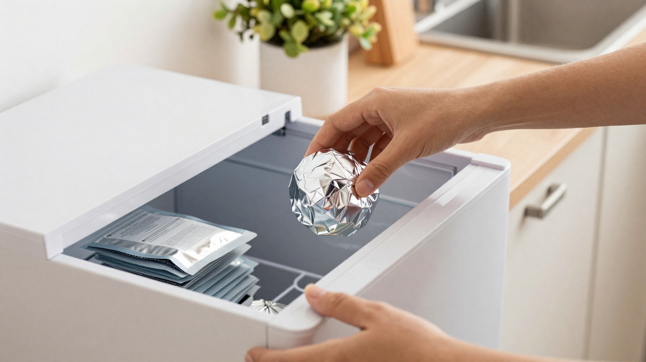 Hands placing a foil-wrapped item into a white chest freezer with packaged goods inside in a kitchen setting.