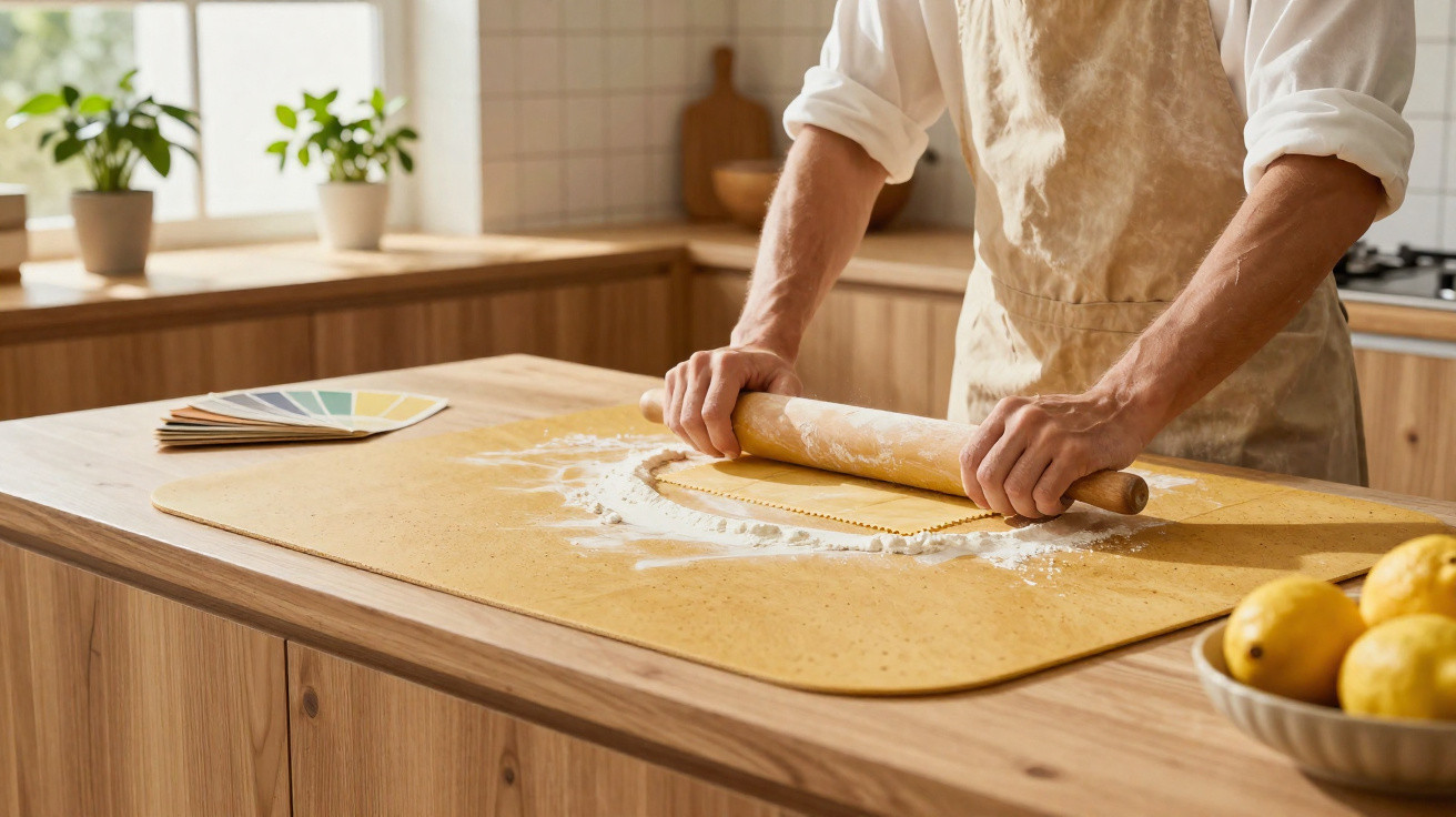 Person in apron rolling dough with a wooden rolling pin on a floured board in a bright kitchen.