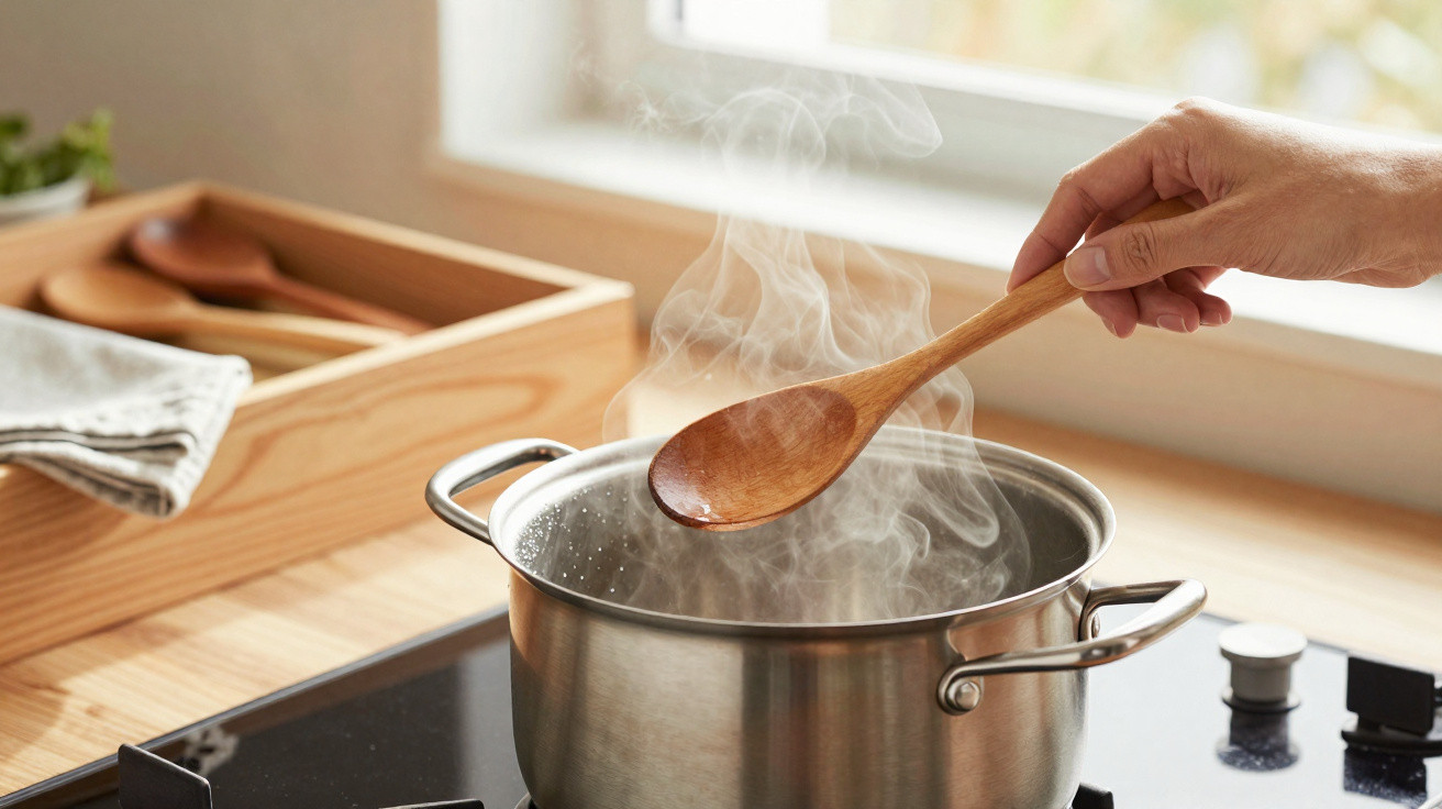 Hand stirring steam rising from a stainless steel pot on a stove in a bright kitchen.