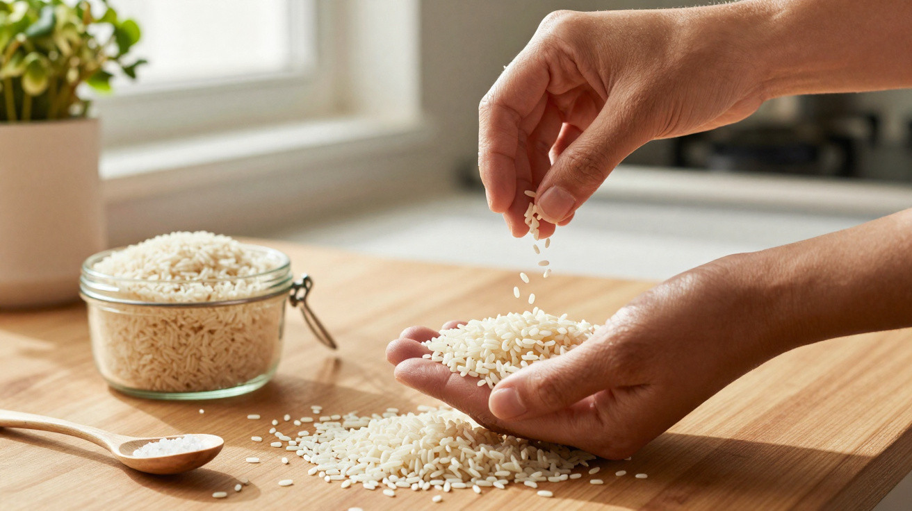 Hands holding and pouring uncooked white rice on a wooden kitchen table with a glass jar and spoon nearby.
