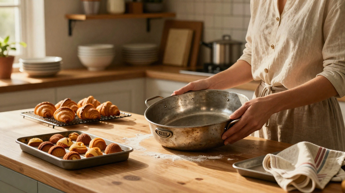 Person holding a large metal mixing bowl on a wooden kitchen countertop with trays of baked pastries.