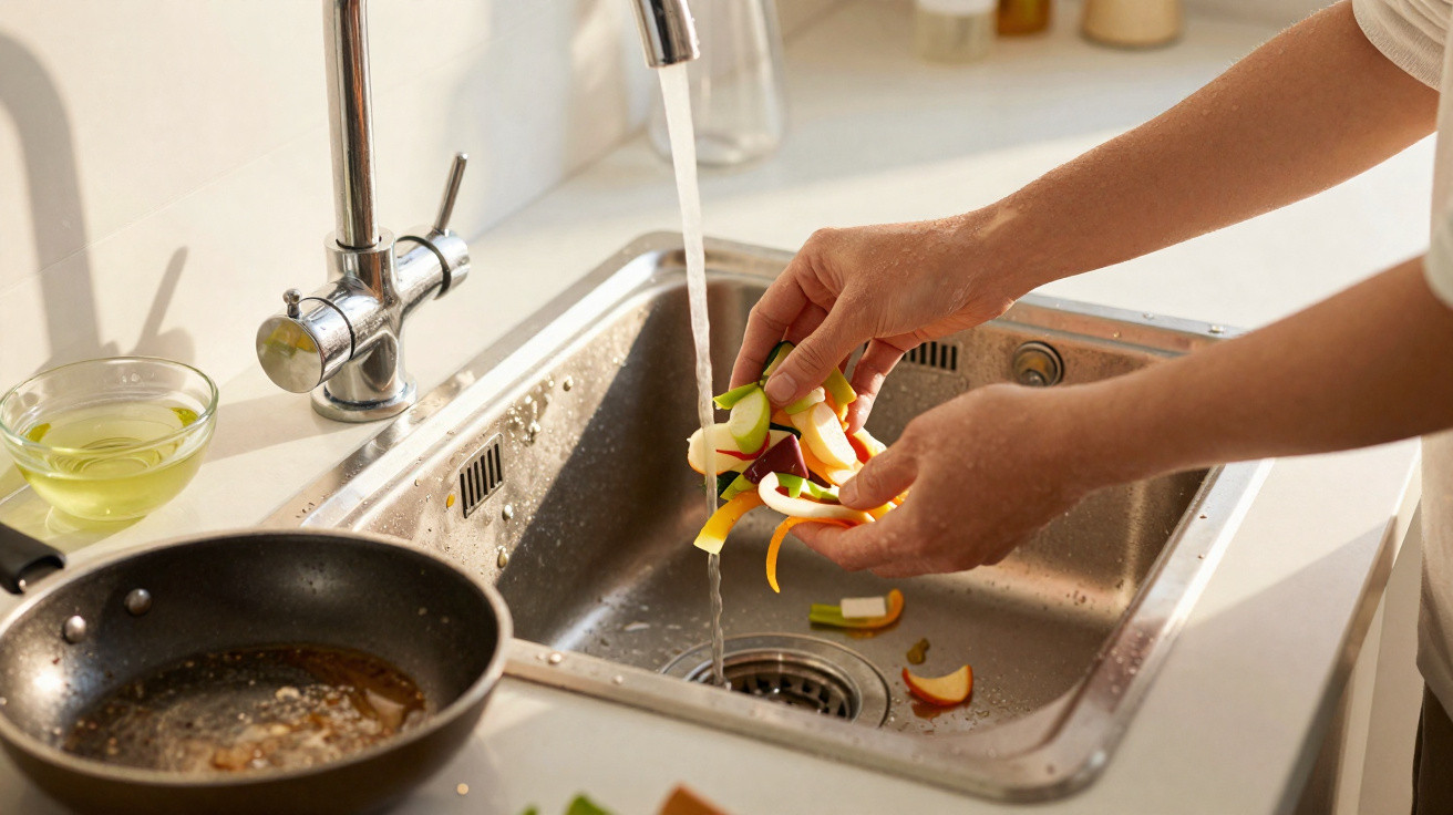 Person rinsing vegetable peelings under running water in a kitchen sink next to a frying pan and bowl