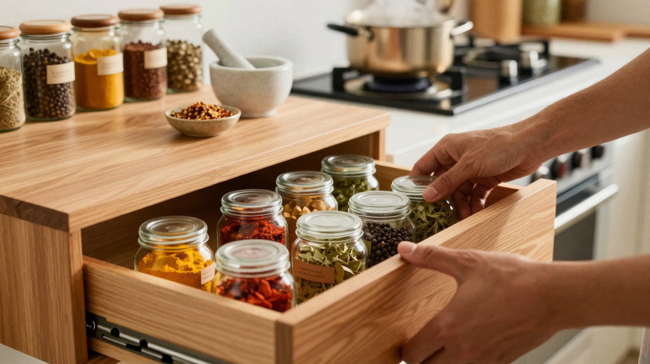 Hands placing spice jars in a wooden drawer with more jars and a mortar and pestle on the countertop.