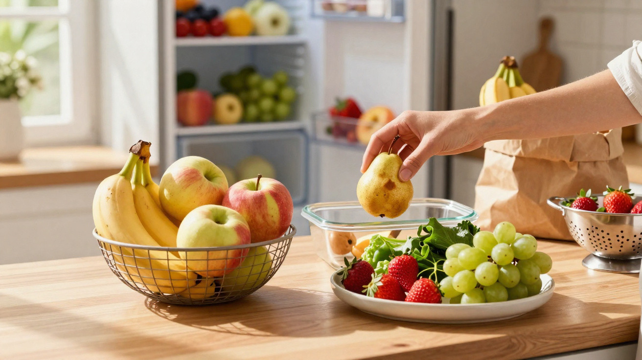 Hand placing a pear into a glass container beside bowls of fresh fruit on a kitchen counter.
