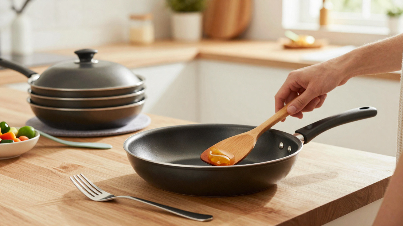 Hand holding wooden spatula cooking egg yolk in a black frying pan on a wooden kitchen countertop.