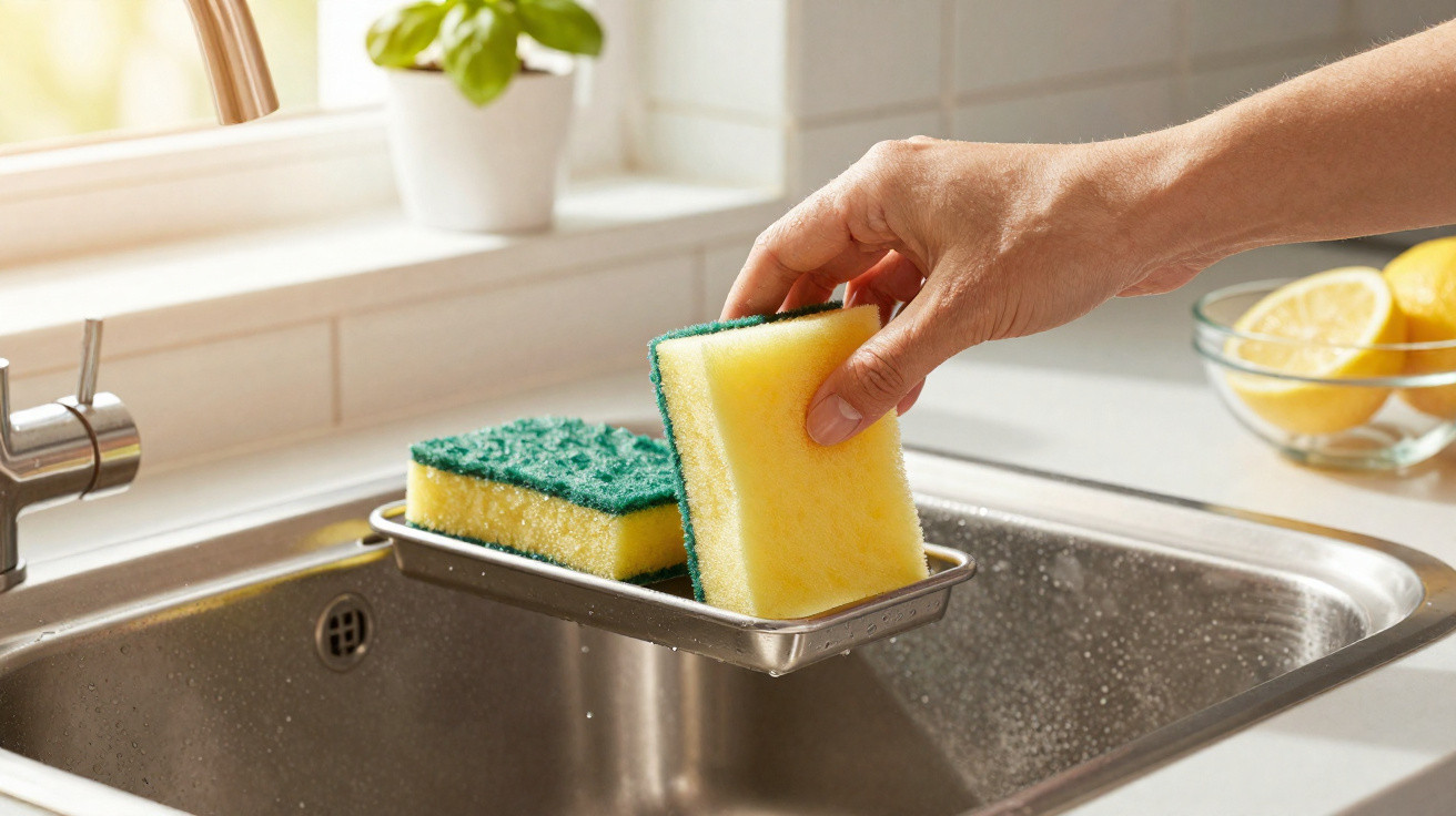 Hand taking a yellow and green kitchen sponge from a metal soap holder beside a kitchen sink with lemons nearby.