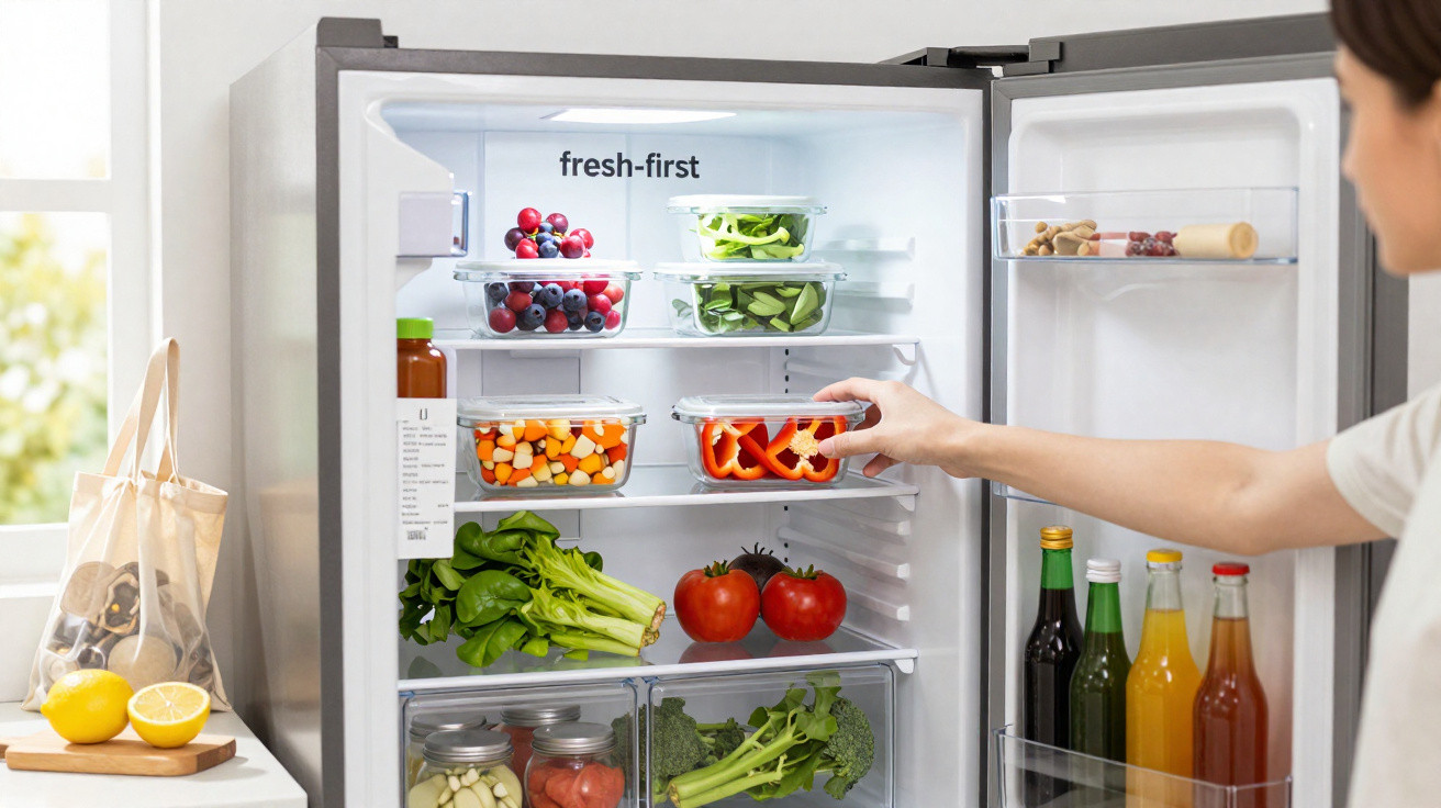 Open fridge filled with fresh vegetables, fruit, and drinks with a person reaching inside.
