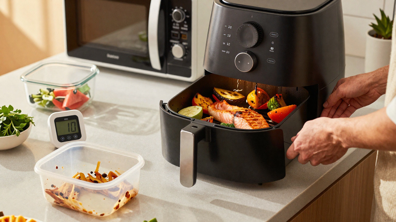 Person removing grilled salmon and vegetables from a black air fryer on a kitchen counter.