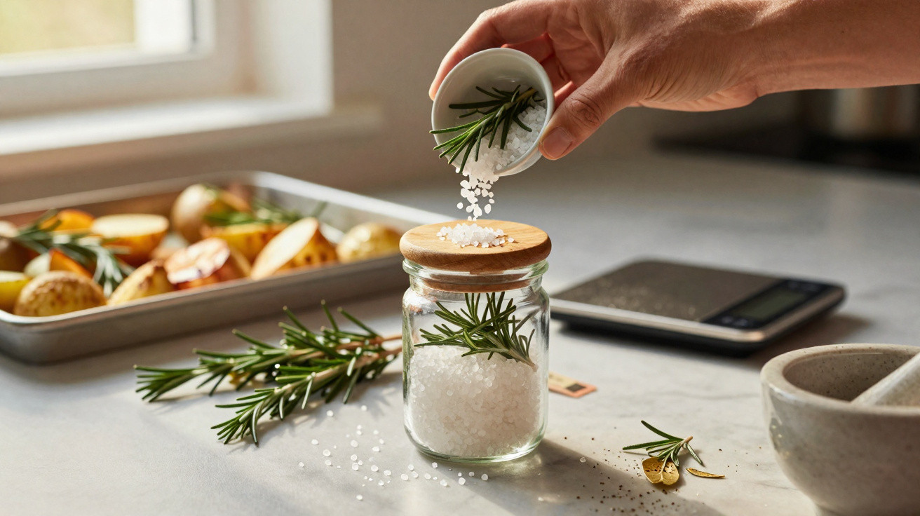 Hand pouring coarse salt with rosemary into a glass jar on a kitchen counter with roasted potatoes in background.