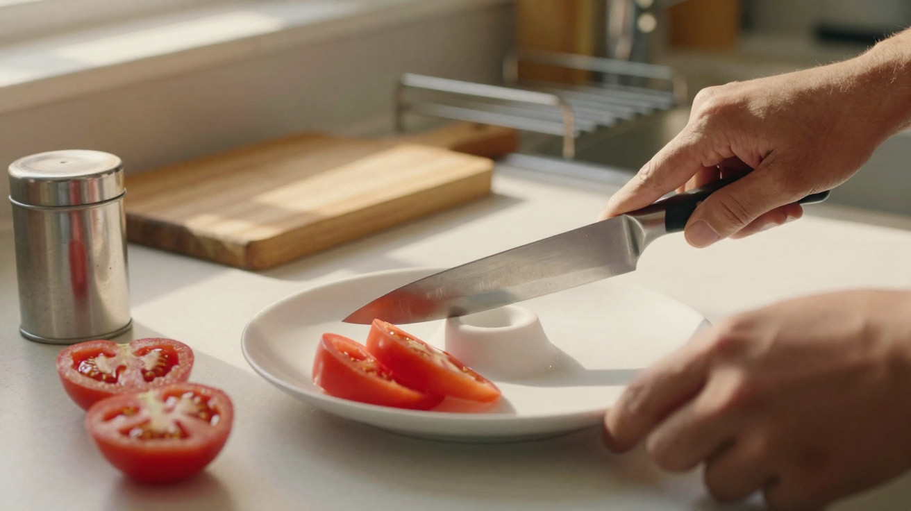 Hands slicing fresh tomato on a white plate in a bright kitchen with a wooden cutting board nearby.
