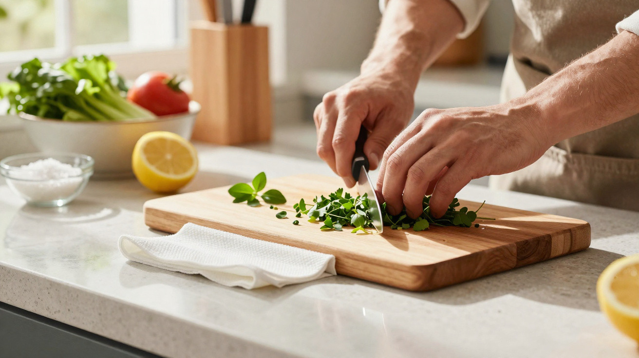 Person chopping fresh green herbs on a wooden board in a bright kitchen with ingredients nearby.