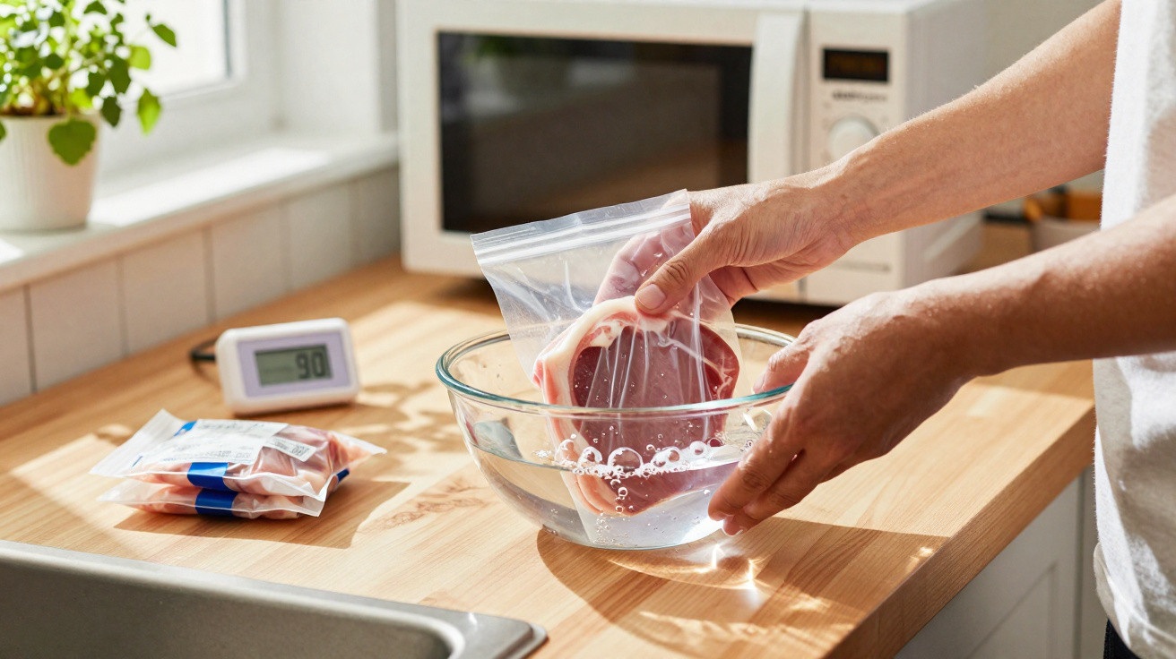 Person submerging sealed meat pouch in glass bowl of water on kitchen counter with timer and microwave nearby
