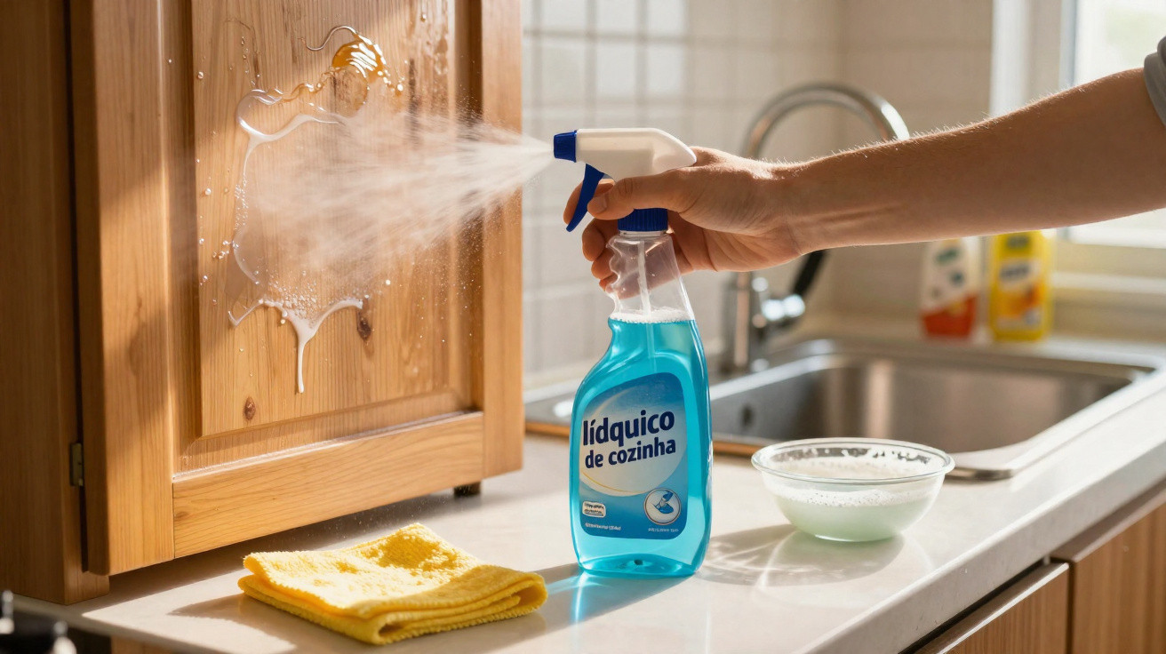 Hand spraying blue kitchen cleaner on a wooden cabinet door with a yellow cloth on the countertop.