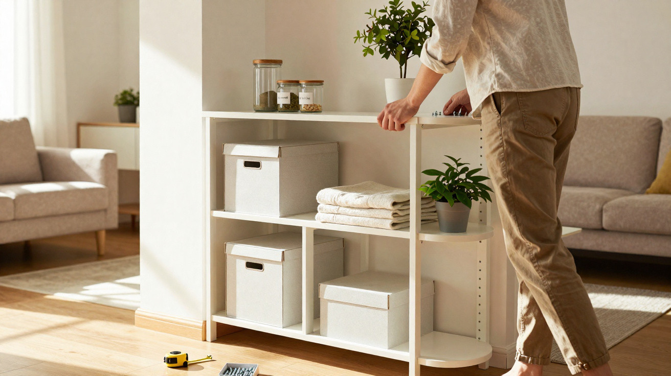 Person arranging items on a white shelf with storage boxes, plants, and towels in a sunlit living room.