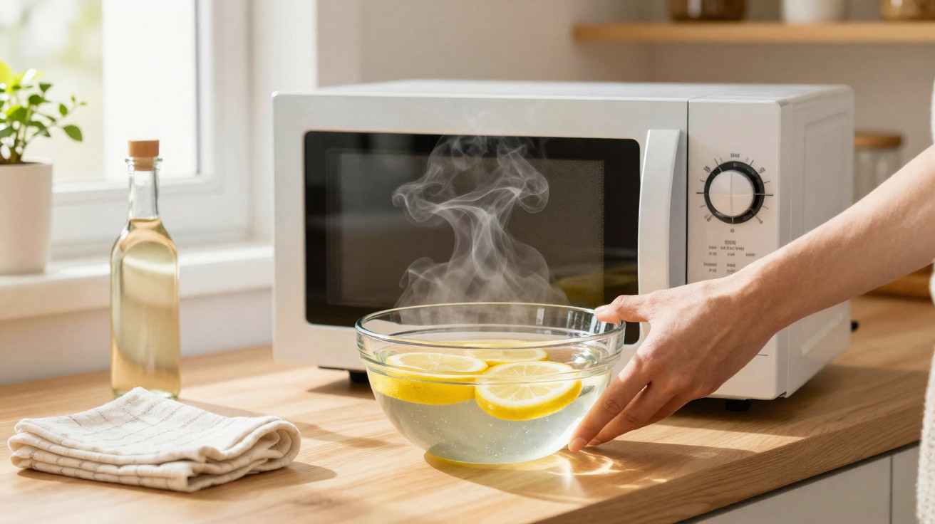 Hand holding steaming glass bowl with lemon slices in front of microwave on wooden kitchen counter.
