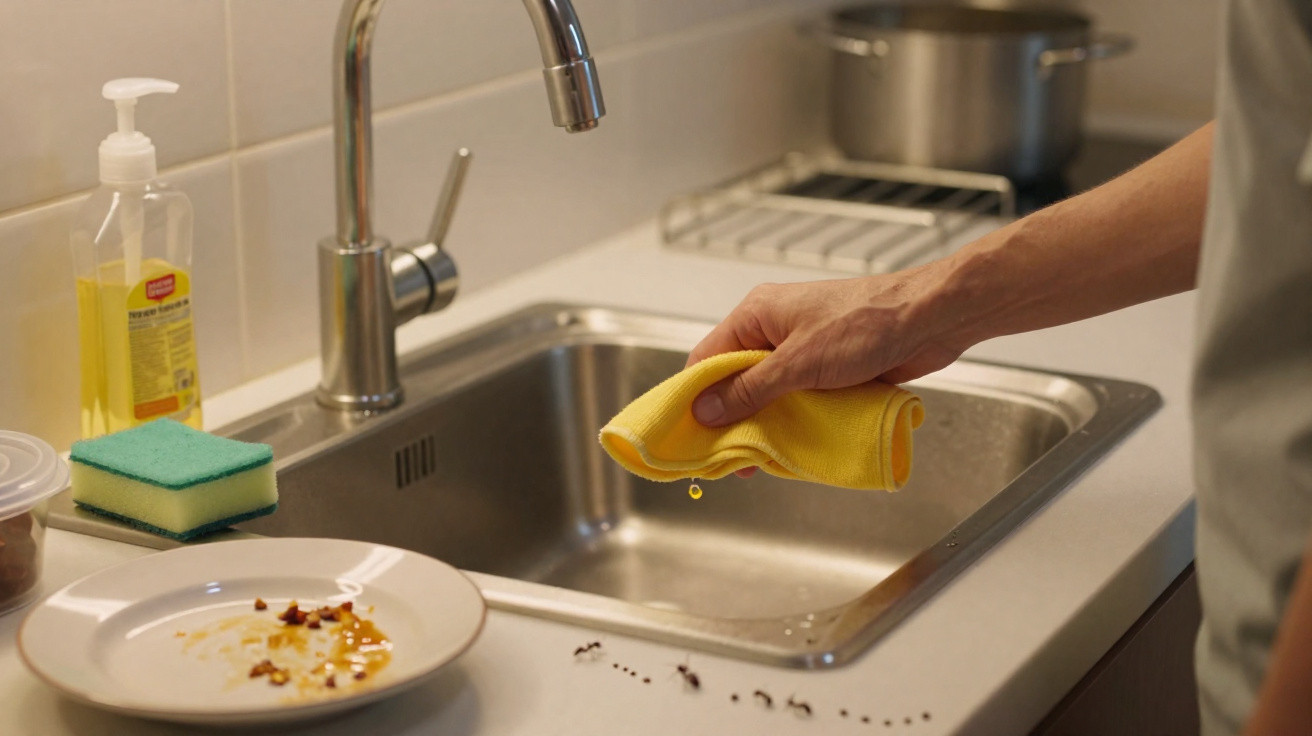 Hand wiping kitchen counter near sink with yellow cloth next to dirty plate and soap dispenser.