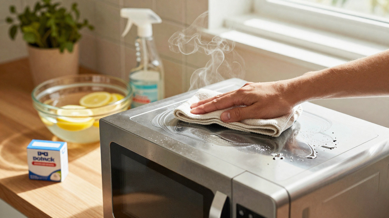 Hand wiping steam off a stainless steel microwave top with a cloth on a sunlit kitchen counter.