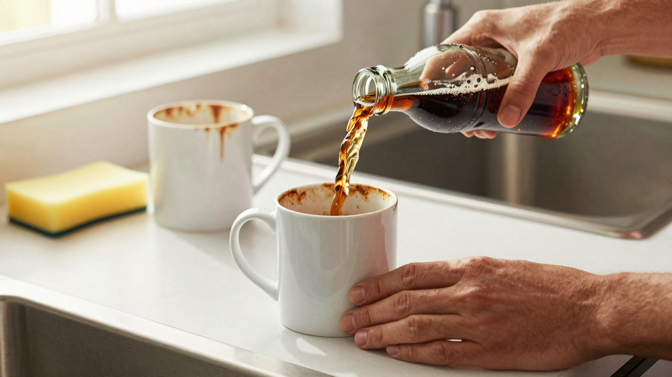 Hand pouring coffee from a glass bottle into a white mug on a kitchen countertop near a sink.