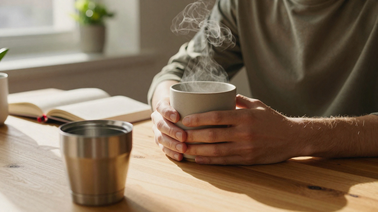 Person holding a steaming mug at a wooden table with an open book and another cup nearby.