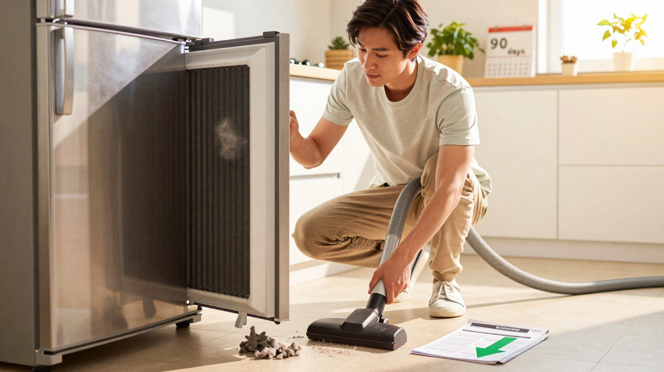 Person vacuuming dust from the inside of an open refrigerator in a bright kitchen.