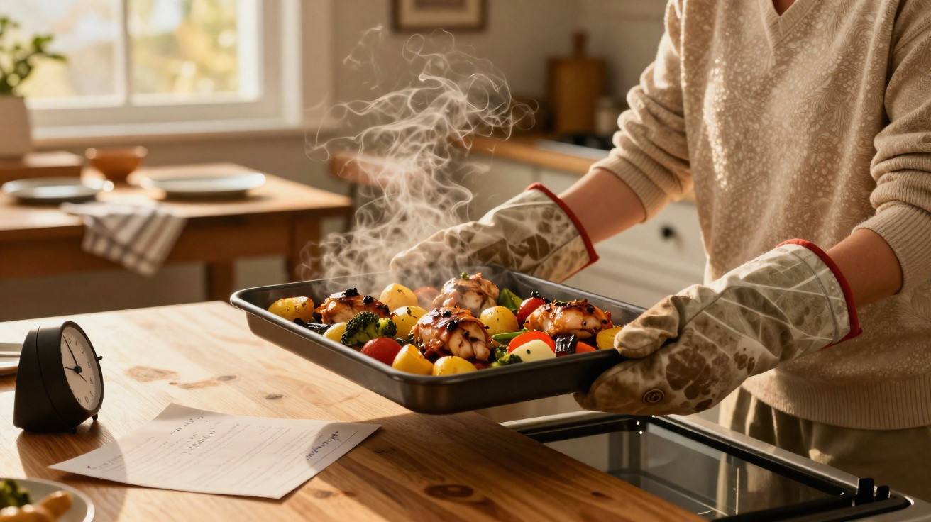 Person wearing oven gloves holding a steaming tray of roasted vegetables and chicken in a kitchen.