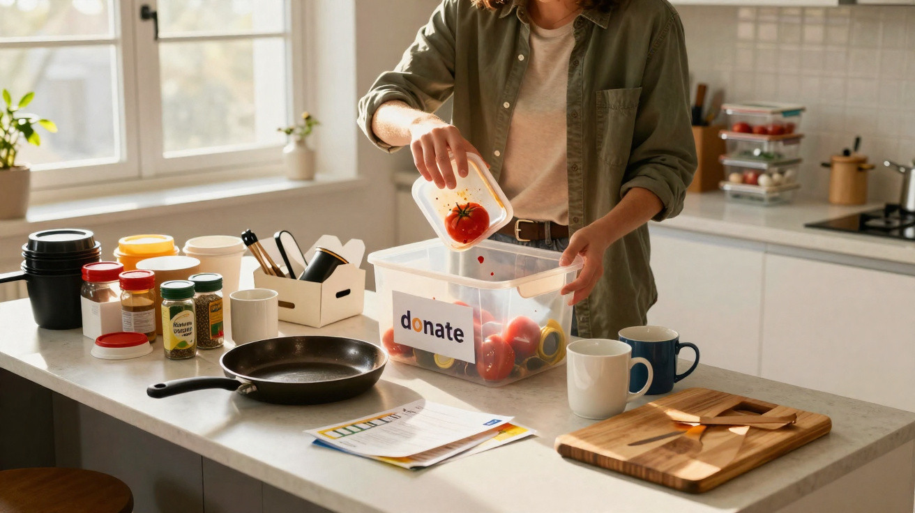 Person placing tomatoes into a plastic container labelled donate on a kitchen counter with cooking items nearby