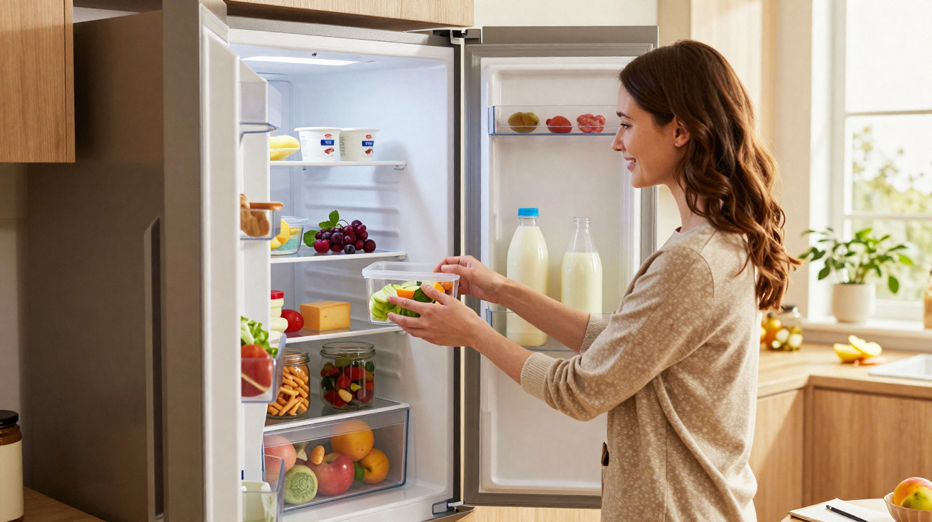 Woman placing a container of cut vegetables inside a well-stocked fridge in a bright kitchen.