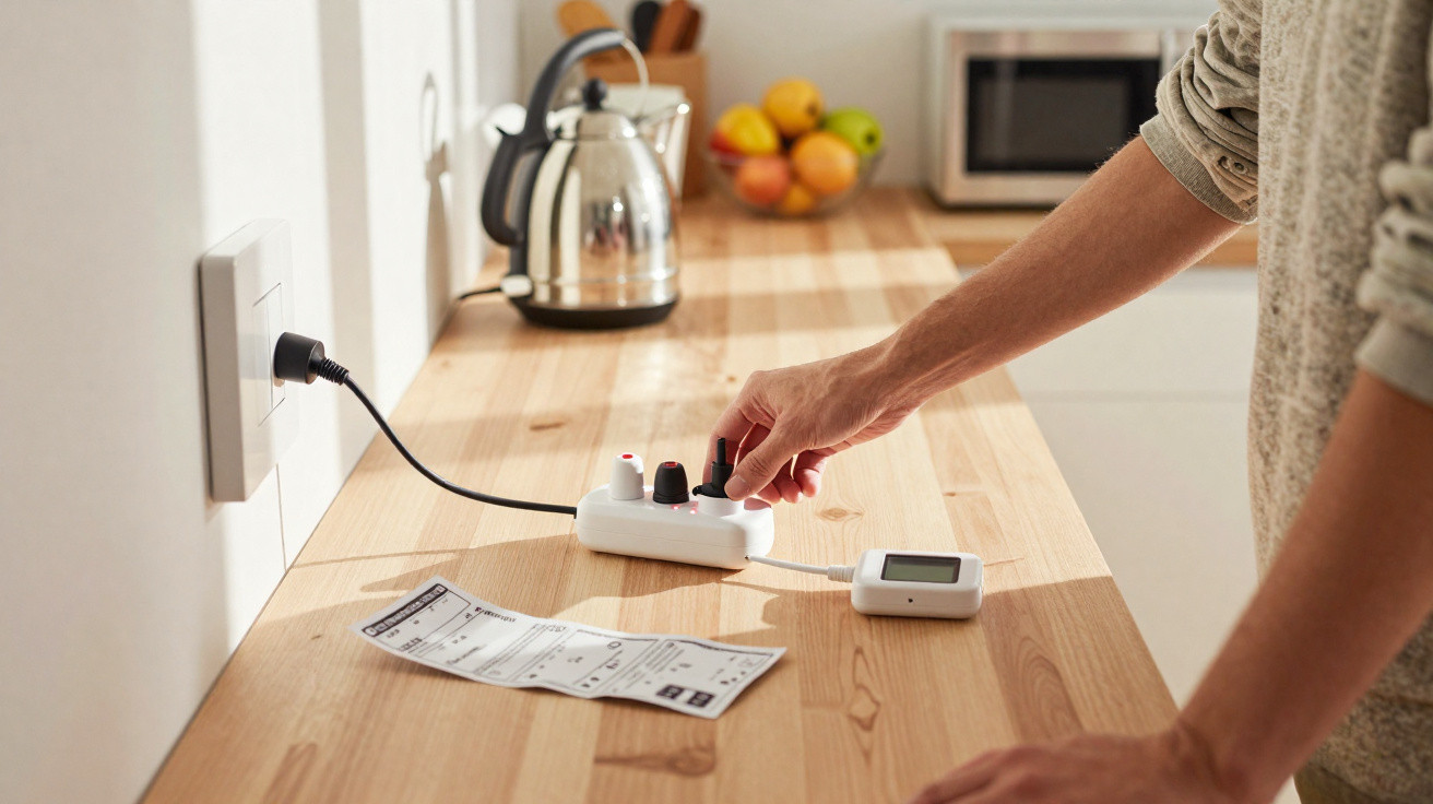 Person adjusting knob on white power strip on kitchen counter with kettle and fruit bowl in the background