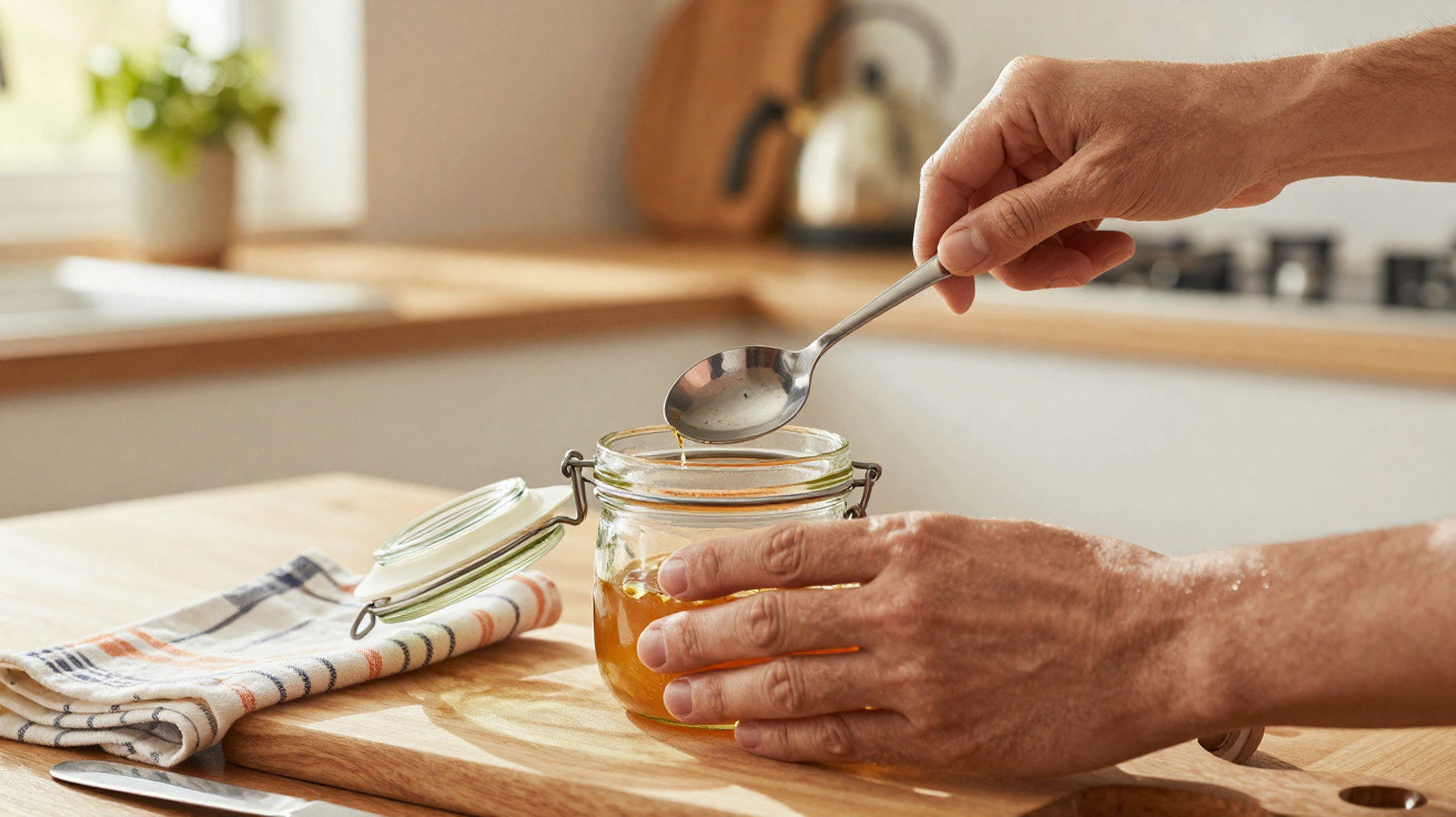 Hands holding a spoon and jar of honey on a wooden kitchen counter with a tea towel nearby.