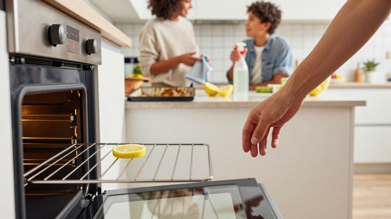 Hand removing lemon slice from oven with two people chatting in modern kitchen background.