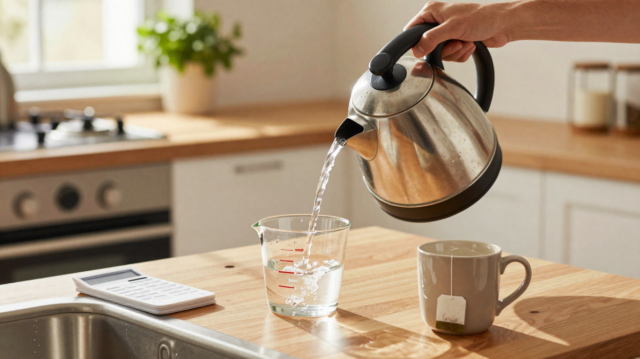 Hand pouring hot water from a kettle into a measuring jug on a kitchen counter near a tea cup.