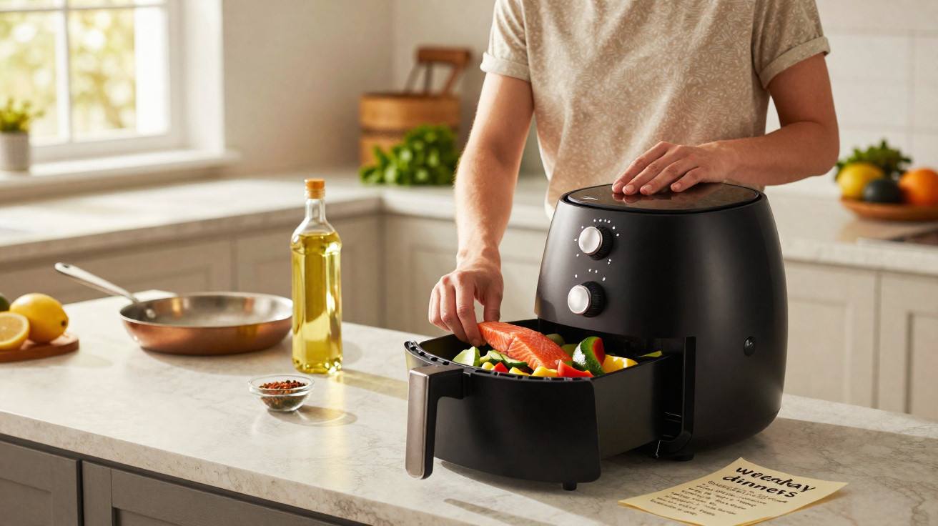 Person placing salmon and vegetables into a black air fryer in a bright kitchen.
