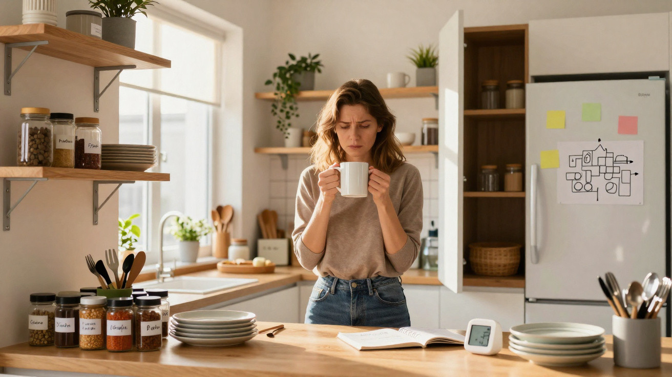 Woman standing in a modern kitchen holding a mug, looking concerned, with an open notebook on the counter.