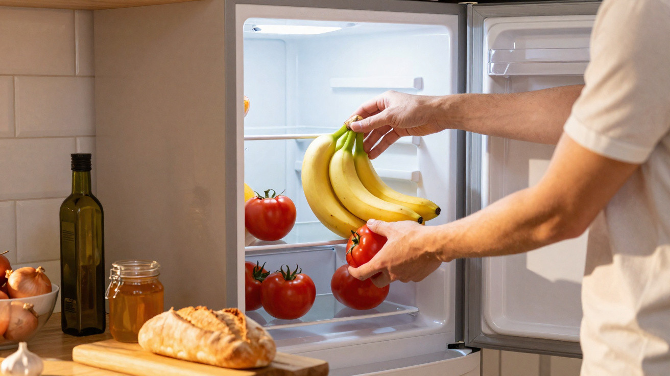 Person placing bananas and tomatoes inside an open fridge next to bread, oil, onions, and honey on the counter.