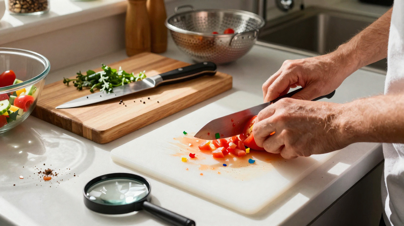 Person chopping red bell pepper on a white cutting board in a kitchen setting with herbs and vegetables nearby.
