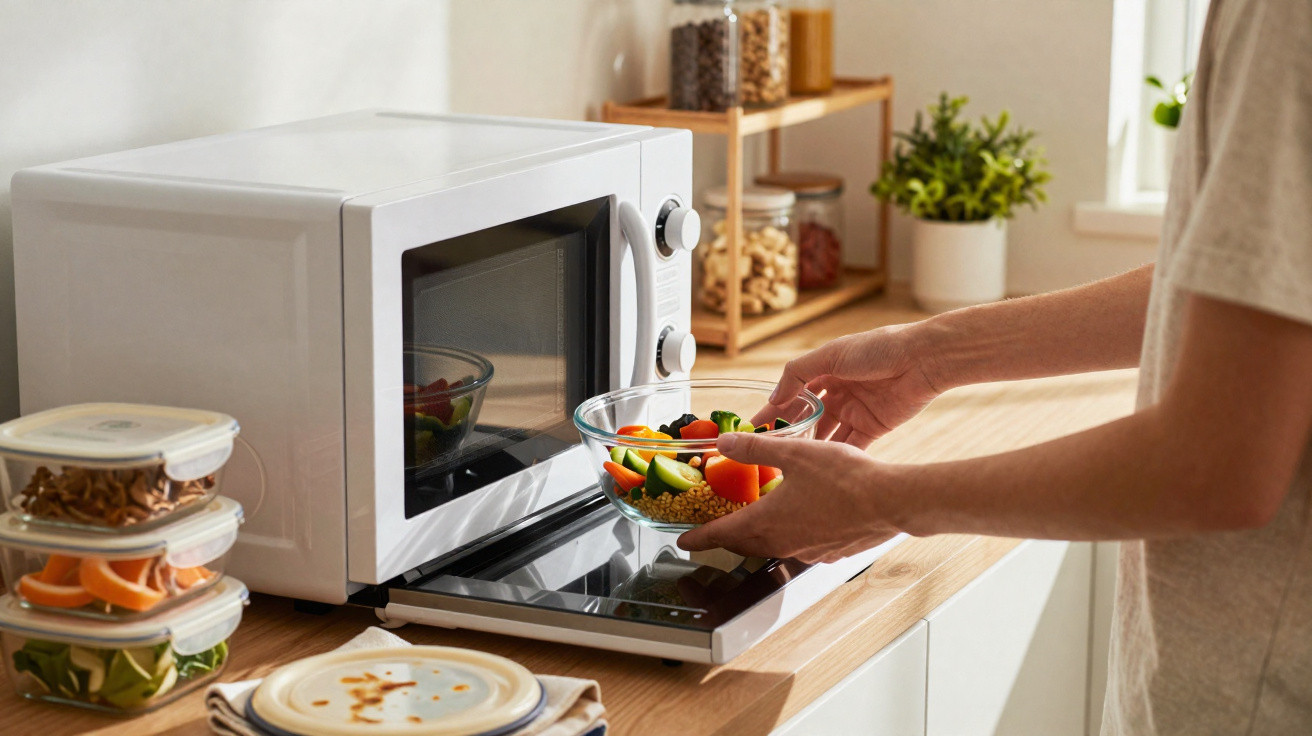 Person placing a bowl of mixed vegetables and lentils into a microwave on a kitchen counter.