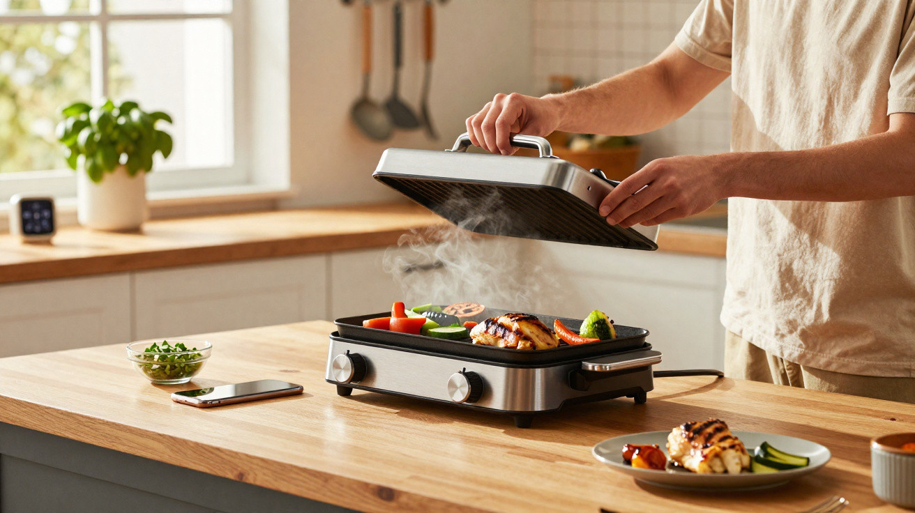 Person lifting lid off electric grill cooking chicken and vegetables on wooden kitchen countertop.