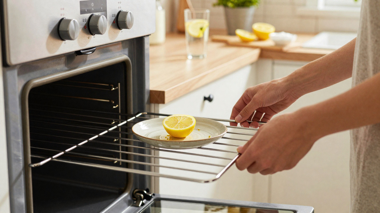 Person placing a plate with a lemon half into a kitchen oven rack.