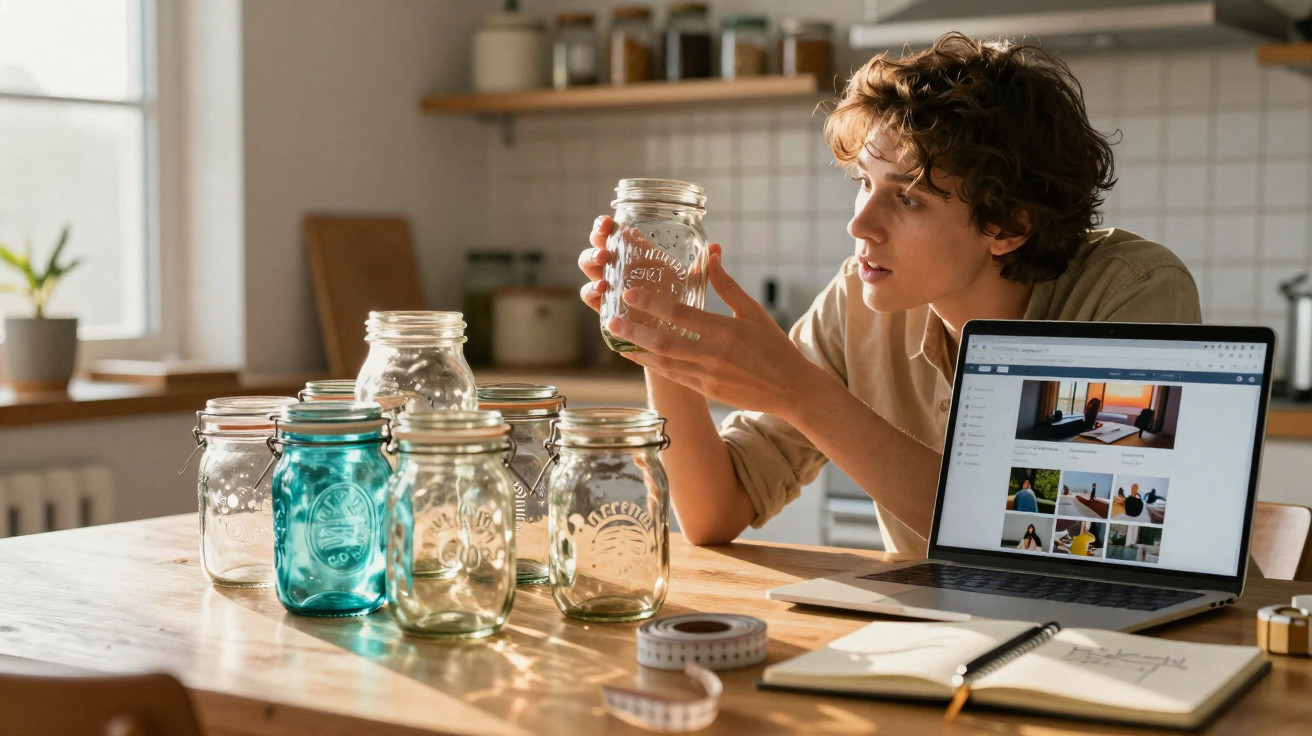 Person examining empty glass jars on a table with a laptop, notebook, and measuring tape in a bright kitchen.