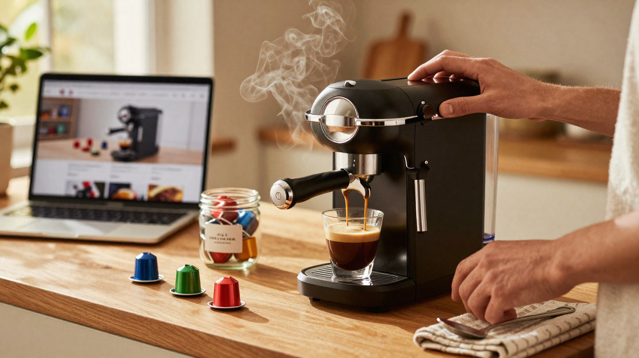 Person making coffee with a black espresso machine on a wooden kitchen countertop next to a laptop and coffee pods.
