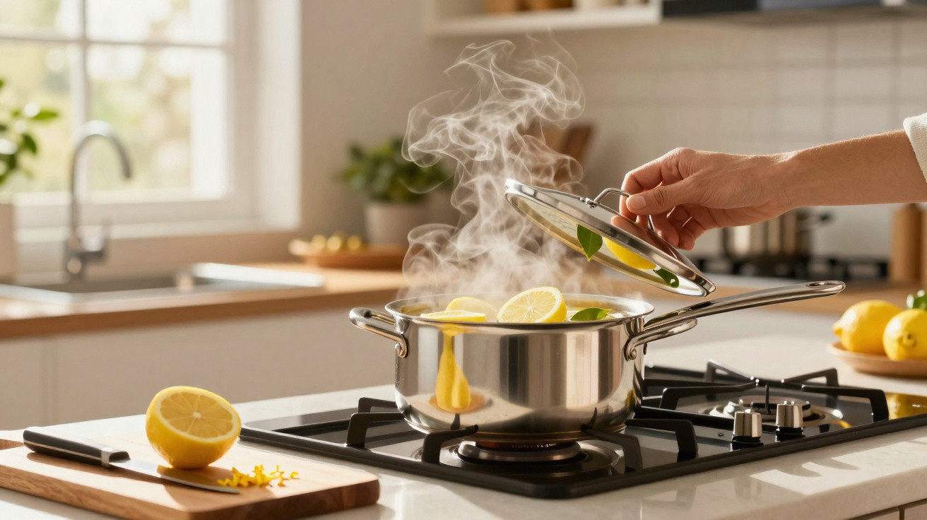 Hand lifting lid off steaming stainless steel pot with lemon slices on modern gas stove in kitchen.