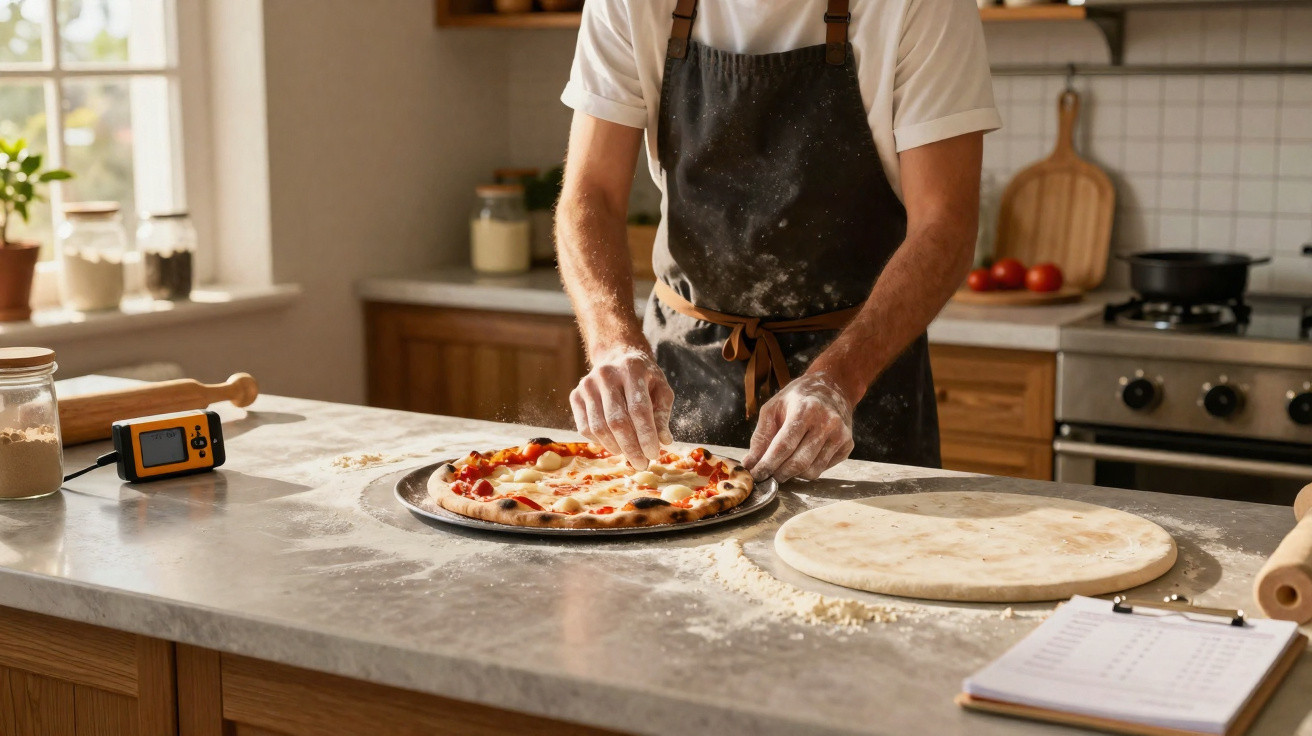 Person shaping a homemade pizza on a floured kitchen countertop in a bright kitchen.