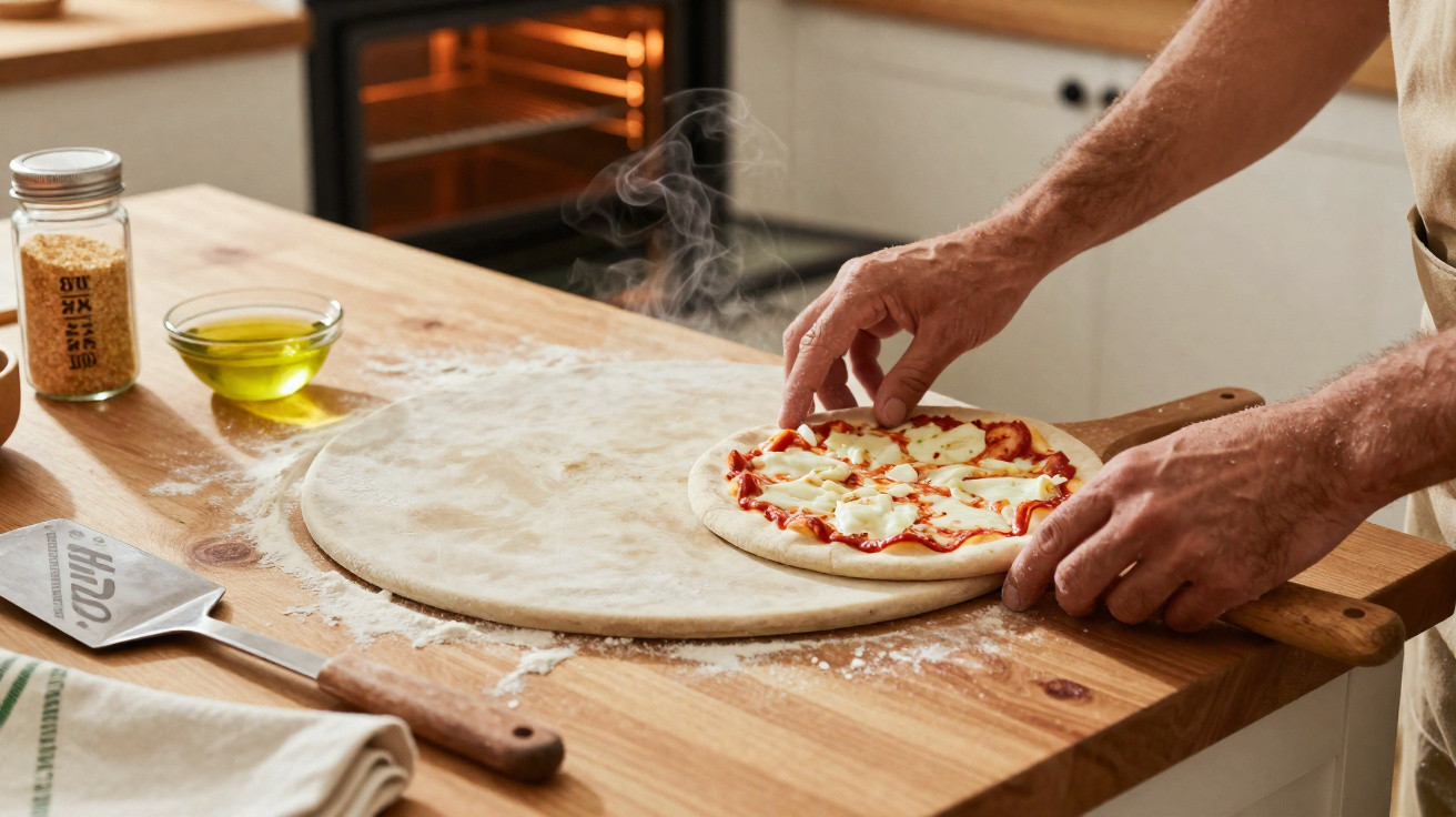Hands placing a freshly baked, steaming pizza onto a larger floured dough on a wooden kitchen counter.