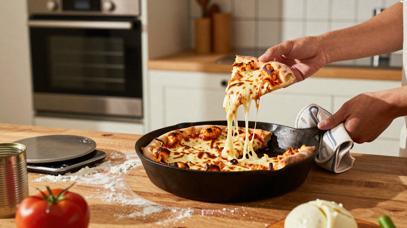 Hand lifting a cheese pizza slice with melted cheese stretch from a cast iron pan on a kitchen counter.